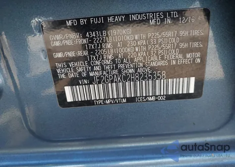 2017 Subaru Crosstrek 2.0I Limited z USA, uszkodzony, nr VIN JF2GPAKC2H8235358